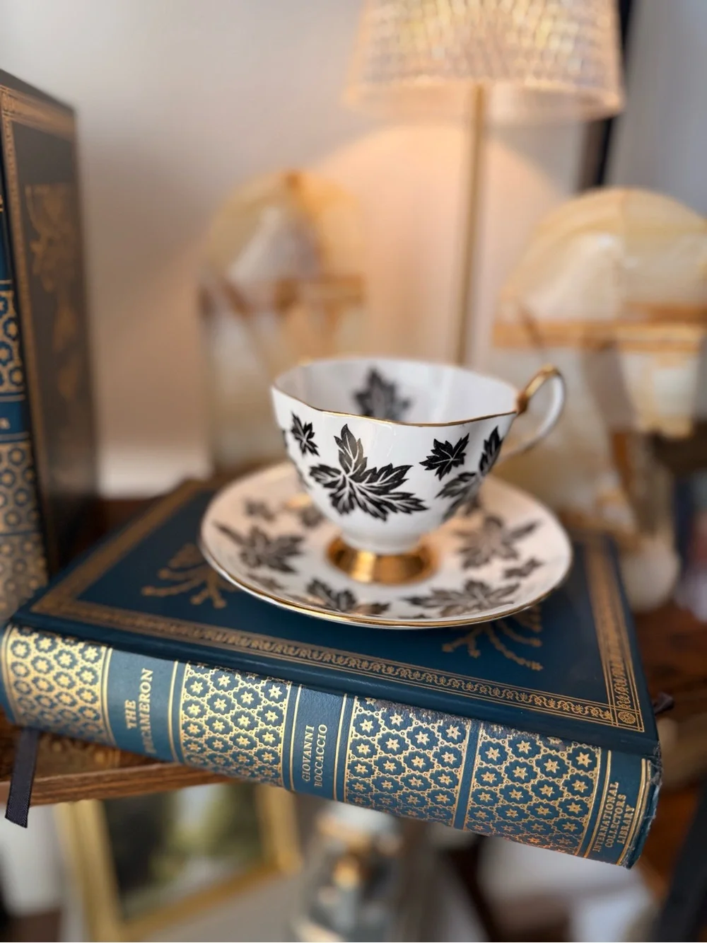 Black and Gold Leaf Teacup with Saucer